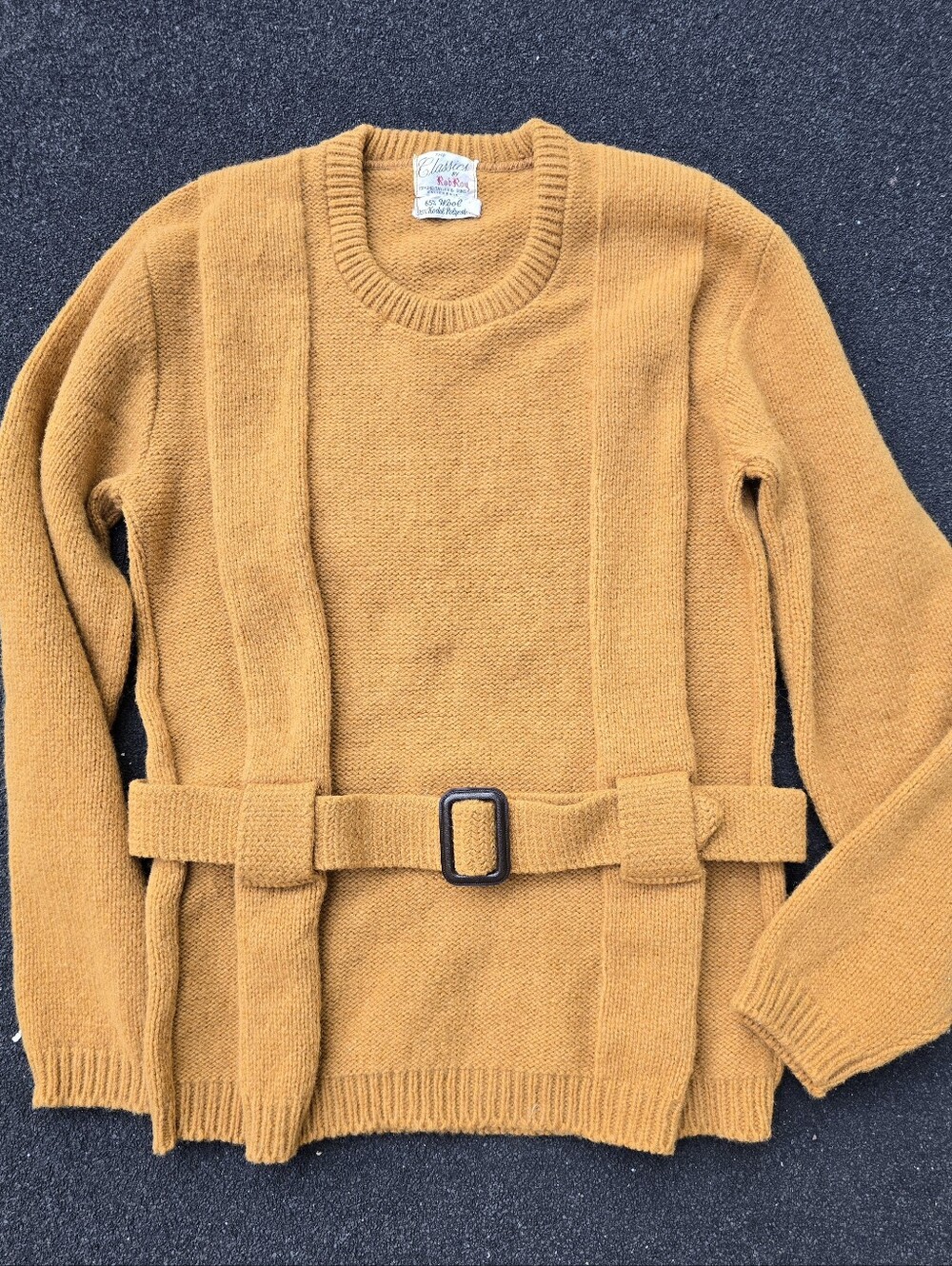 Vintage 60s Retro Gold Wool Blend Sweater Medium Belted Rob Roy Mid Century Mod